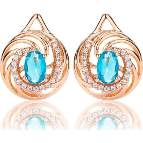 HANRESHE Blue Red Stone Ellipse Shaped Stud Earrings For Women 585 Rose Gold Filled Womens Earring Round Wholesale Jewelry Gift