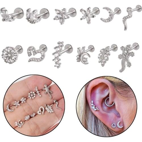 12PCS G23 Titanium&Steel Cz Moon Labret Lip Ring Crystal Flower Ear Cartilage Tragus Helix Daith Earrings Piercing Body Jewelry
