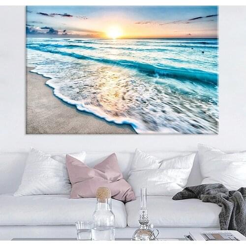 Nordic Modern Seaside Sunrise Canvas Painting Sun Beach Sea Landscape Wall Art Posters Pictures For Living Room Home Decor