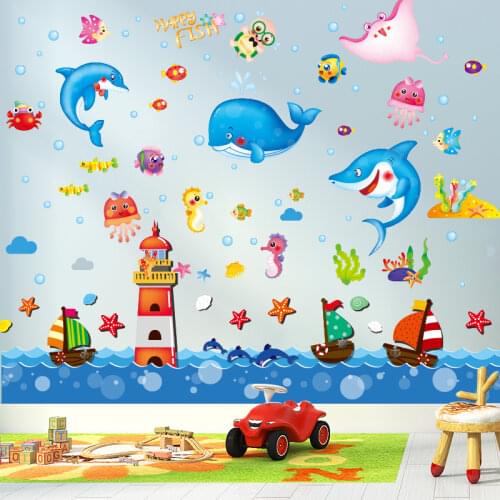 [shijuekongjian] Cartoon Fish Wall Stickers DIY Lighthouse Boats Mural Decals for Kids Rooms Baby Bedroom House Decoration