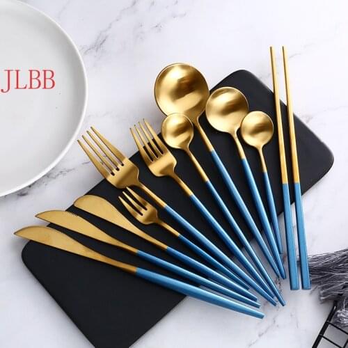 Blue Gold Steak Knife Fork Coffee Spoon Teaspoon Food Tableware Set Noble Western Wedding Party Home Upscale Gold Cutlery Set