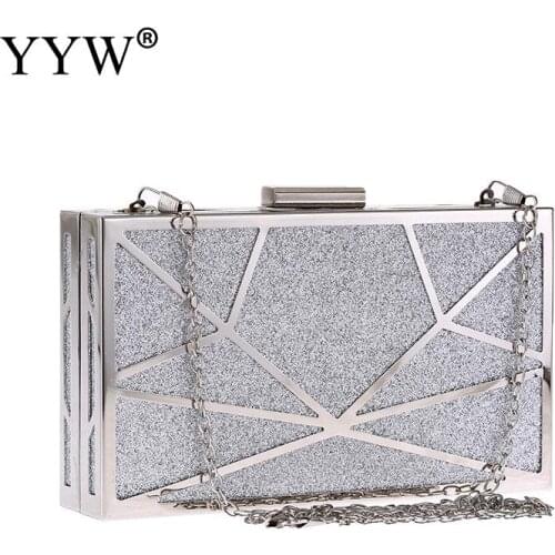 Metal Box Bag Clutch With Chain Shoulder Crossbody Bags 2020 Sequined Geometric Party Handbags Silver Gold Luxury Bolso Mujer
