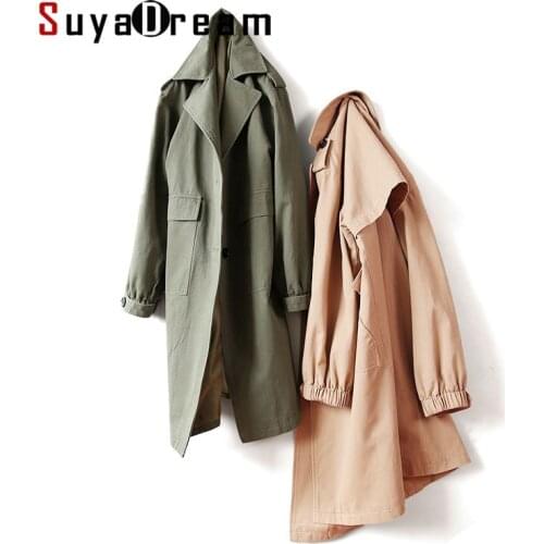 SuyaDream Woman Long Trenchs 100%Cotton Single Breasted Turn Down Collar Solid Trench coat 2020 Office Chic Autumn Winter Coat