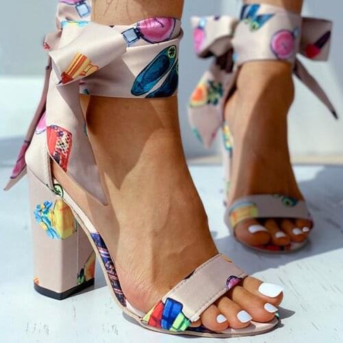 Women Summer High Heels Fashion Lace Up Women Shoes Square Heel Casual Party Wedding Ladies Plus Size Pumps2021