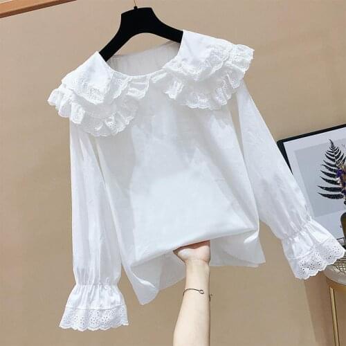 Vintage Clothes Women Tops Blouse With Lace Collar Long Sleeve White Shirt Ruffles Top Basic Tee Shirt 2021 New