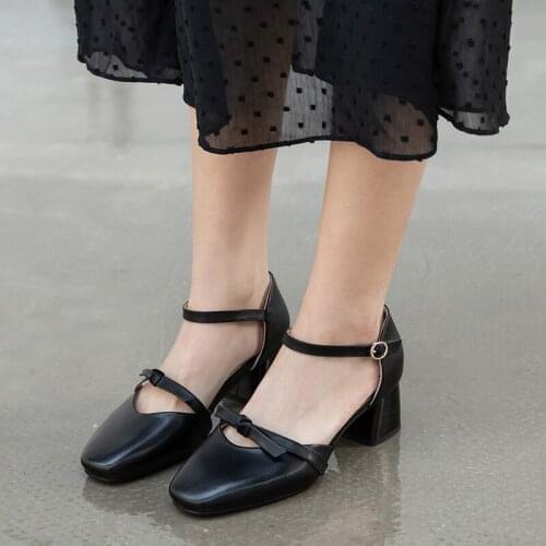 YQBTDL Office Dress Party Square Toe Block Heel Shoes Ankle Buckle Knot Bow Black Beige High Heels Pumps Women Shoes Summer 2020