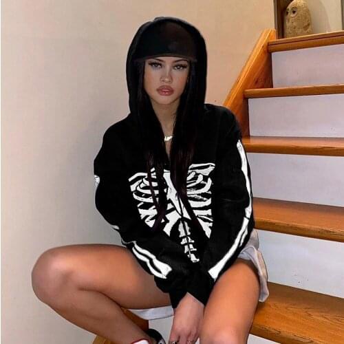 Gothic Skull Print Sweatshirt Streetwear Oversized Zip Toip Solid Color Hoodies Womens Y2k Fashion Clothers 2021