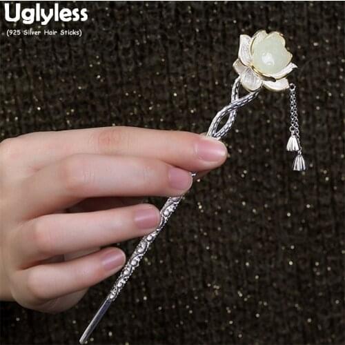 Uglyless Classic Eastern Lotus Flower Hair Sticks for Women Natural Jade Flower Lotus Hair Jewelry Real 925 Silver Forks Tassels