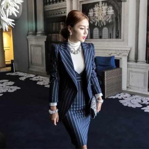 Womens suits office autumn winter Striped fashion business 2 piece suit skirt top womens suit with a skirt blazer set ladies