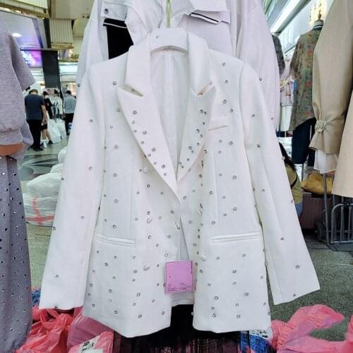 SeeBeautiful Nail Rhinestone Casual Loose Blazer Coat Notched Long Sleeve Double Breasted New Fashion Spring 2021 Woman E294