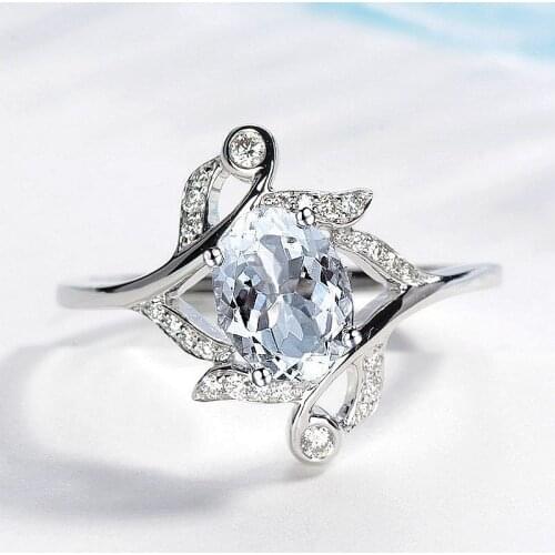 Solid 14k White Gold Ring for Women 5X7MM Oval Cut Natural Aquamarine Diamonds Engagement Ring Anniversary Valentines Gift