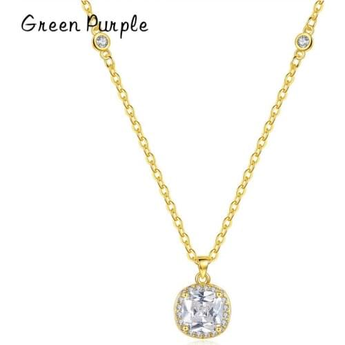 Green Purple Authentic 925 Sterling Silver Clear CZ Radiant Dazzling Minimalist Pendant Necklace for Women Chain Necklace CN-839