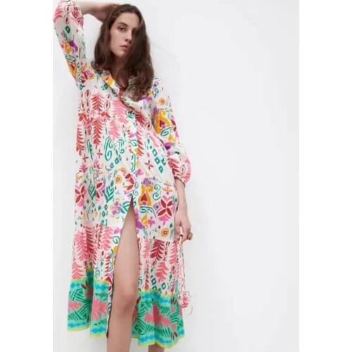 Loose Women Floral Print Long Dress Summer 2021 Patchwork A Line Ruffle Ladies Shirt Dress Midi Ruched Casual Womens Dresses