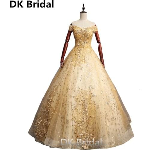 Robe De Soiree Golden Ball Gown Beaded Sequined Long Evening Dress Party Elegant Vestido De Festa Long Prom Gown Evening Gown