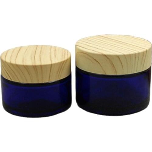 15pieces False Wood Cap Empty Blue Glass Cosmetic Cream Jars Packaging Container Travel Refillable Bottle Eye Cream Jar 30G 50G