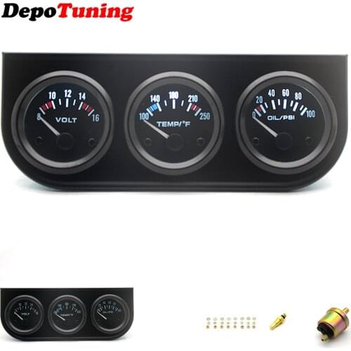 2"52mm 3 in 1 Triple Water Temp Oil Pressure PSI Volt Gauge Kit Black Bezel Black Face Color With Temp & Pressure Sensor