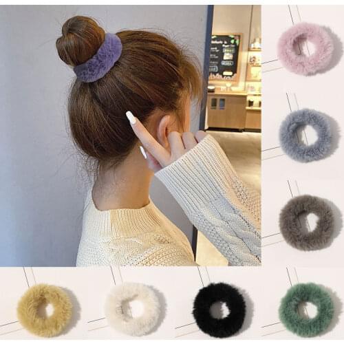 2020 Candy Color Plush Scrunchies Faux Fur Hair Ring Furry Seamless Plush Hair Rope Women Girls Ponytail Holder Hair Accessories