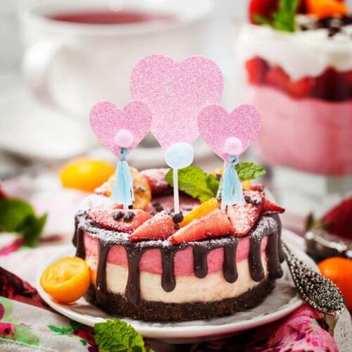 3Pcs/Lot Lovely Heart Birthday Decorations Cupcake Toppers Picks Kids Party Decor Baby Shower Paper Glitter Cup Cake Topper