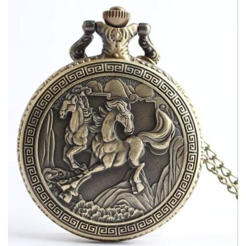 50pcs/lot Retro Running Horses Bronze Quartz Pocket Watch Chinese Zodiac Necklace for Men Women Gift Watches Pendant