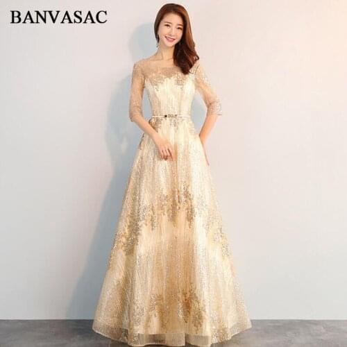 BANVASAC Illusion O Neck Sequined Appliques A Line Long Evening Dresses Elegant Party Metal Sash Backless Prom Gowns
