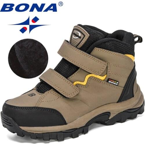 BONA 2020 New Designers Outdoor Hiking Boots Kids Leather Mountain Boots Children Climbing Sport Snow Shoes Boys Plush Warm