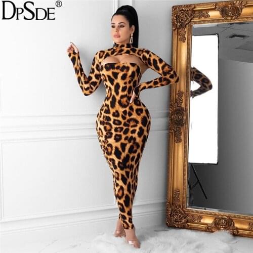 DPSDE Leopard Grain Sexy Two Pieces Women Set O Neck Full Sleeve Hollow Out Casual Top Autumn 2020 Bodycon Skinny Long Pants