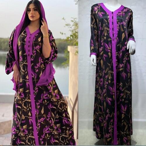 Dubai Abaya Kaftan Turkish Islamic Maxi Dresses Women Clothing Muslim Purple Flower Jalabiya Loose Plus Size Dress Ramadan Eid