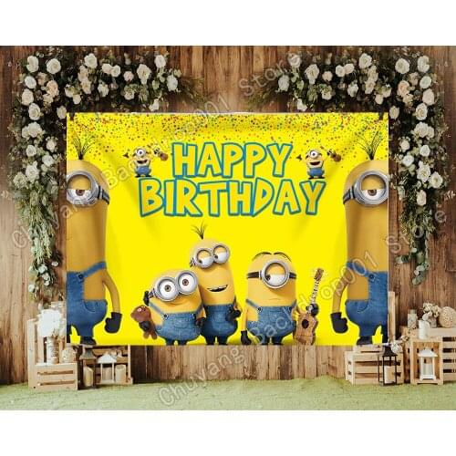 Fuchu Custom Yellow Cartoon Animation Mi-nions Photo Backdrops for Kids Happy Birthday Party Photography Background