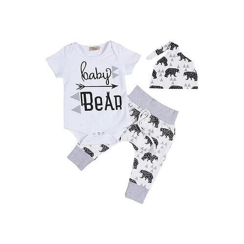 3pcs Outfits Set Cute Infant Girls Boy Baby Bear Tops Romper Jumpsuit Pants Hat clothing set
