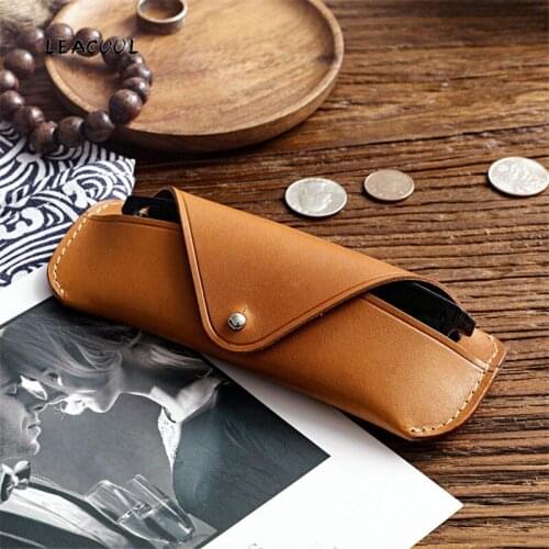 LEACOOL Vintage Handmade Eyeglasses Box Genuine Leather Spectacle Glasses Bag Case Eyewear Sunglasses Holder Cover Men Women