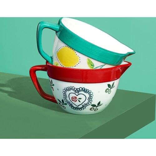 Mixing Bowl Egg Beating Bowl With Drainage Mouth Ceramic Handle Small Large Milk Cup Salad Baking Kitchen Accessories