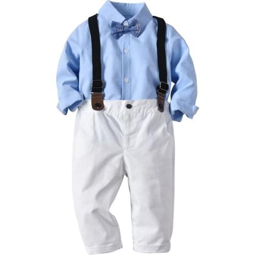 2019 New Summer Boys Blazers Suits Baby Kids Blue Shirt White Overalls Tie Suit Boys Formal Party Wedding Wear Children Clothes