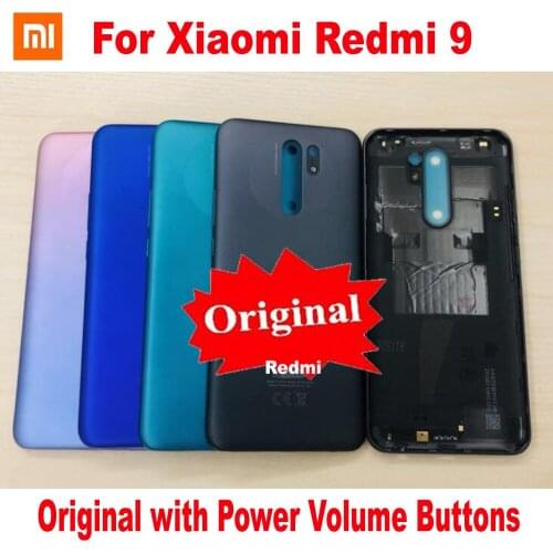 Original New For Xiaomi Redmi 9 Back Battery Cover Housing Door Panel Rear Case Lid Phone Shell with Power Volume Buttons