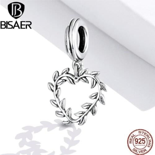 BISAER Branches Charm 100% 925 Sterling Silver Heart Flower Beads Pendant DIY Bracelets Necklace Fashion S925 Jewelry ECC1520