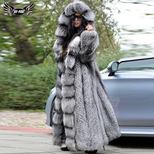 Luxury Winter Women Long Real Silver Fox Fur Coat With Big Hood Thick Warm Wholeskin Genuine Fox Fur Jacket Fashion Overcoats
