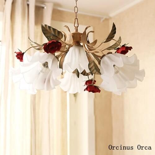 Rural Retro Red Rose chandelier restaurant cafe bedroom Nordic creative flower glass chandelier free shipping