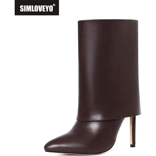 SIMLOVEYO Women Mid-Calf Boots Sexy Solid Folds Boots Pointed Toe Thin Heels Stiletto Party Shoes High quality Female boats Cool