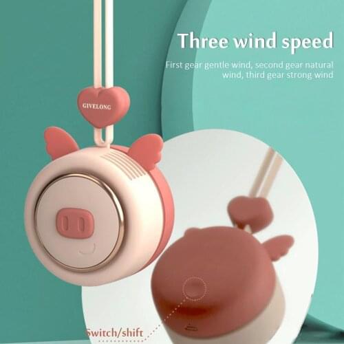 Piglet Shape Cute Neck Hanging Mute Mini Fan USB Charging Mini Leafless Suitable for Children/adults To Cool Down In Summer