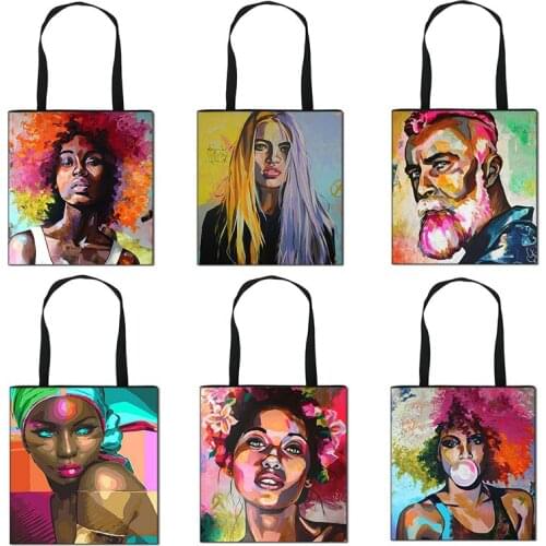 Oil Painting African Woman Handbag Afro Casual Fashion Girl Shoulder Bag Shopping Eco-friendly Travel Portable Storage Bag