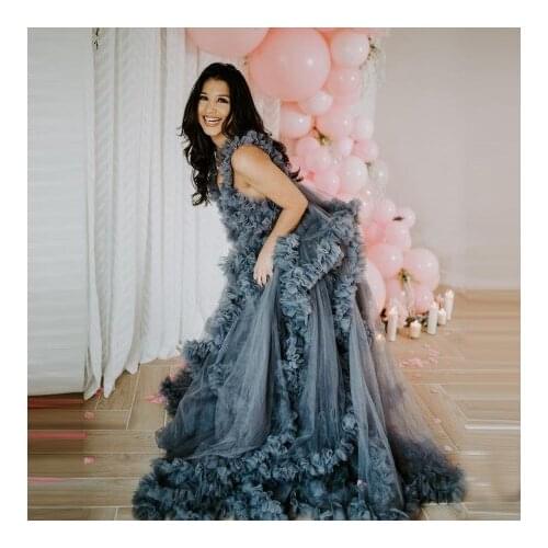 Dark Grey Tulle Maternity Dresses V Neck Sleeveless Extra Puffy Plus Size Ruffles Photo Shoot Pregnancy Gowns