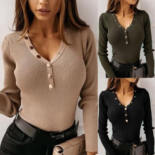 Kili WomenS Fashion Long Sleeve V-Neck Button Decoration Solid Color Base Shirt