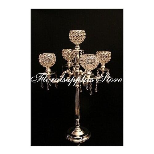 10 pcs / lot 75 cm height Acrylic 5-arms metal candelabras with crystal pendants wedding candle holder centerpiece party decor