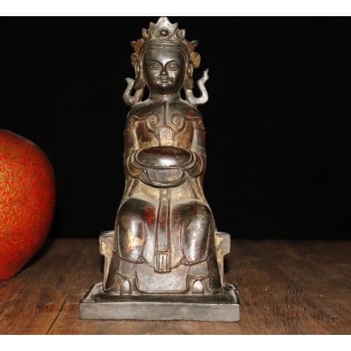 11"Chinese temple collection Old Bronze Cinnabar Lacquer Buddha statue Buddhist Virgin Guanyin Sitting Buddha Enshrine