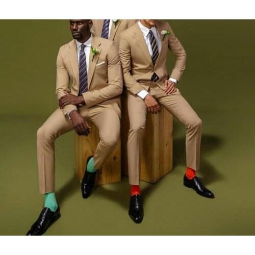 Khaki 2 Pieces Groomsmen Wedding Tuxedos One Button Best Men Groom Suits Plus Size Prom Party Blazer Jacket (jacket+pants)