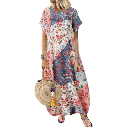 2021 Summer Pleated Dress Women Vintage Vestidos Robe Printed Long Maxi Dresses Plus Size Femme Short Sleeve O Neck Tunic 2XL