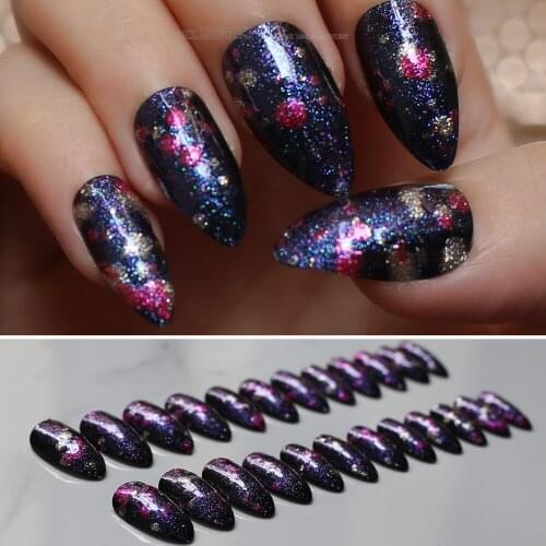 Red blue flash 24pcs full sets Gradient stiletto false nails Art, casual glitter Graffiti fake nail Pointed press on nails cool
