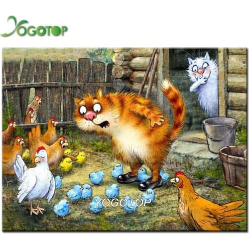 YOGOTOP DIY Diamond Painting Cross Stitch Cartoon cat and chicken Square Diamond Embroidery Home Decoration 5D Mosaic Kits VD524