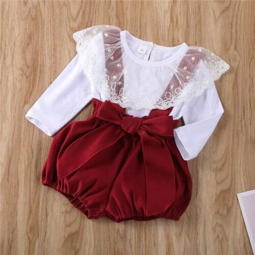 Free shipping Newborn Baby Girls clothes pullover Ruffle round neck lace Long sleeve Tops Strap solid Bandage Shorts 2pc outfit
