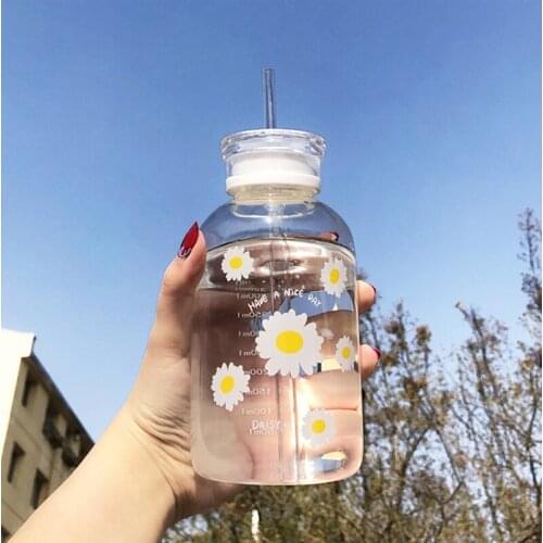 Milk Juice Cute Water Bottle with Scale 2 Lids 480ml Little daisy Matte Portable Water Cup Grass Bottles Creative Handy Cup