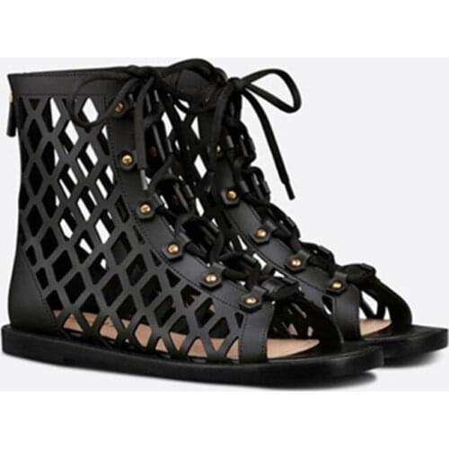 Black Beige Brown Leather Hollow Out Flat Summer Shoes Open Toe Lace Up Ankle Booties Back Zipper Rome Style Short Sandal Boots